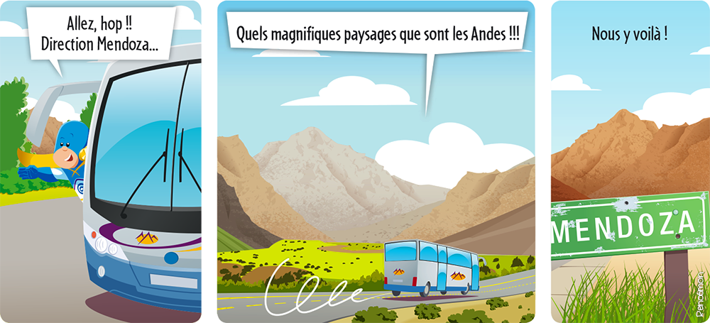 Il monte dans un autocar en direction de Mendoza. Il traverse les magnifiques paysages des Andes avant d'arriver à Mendoza.